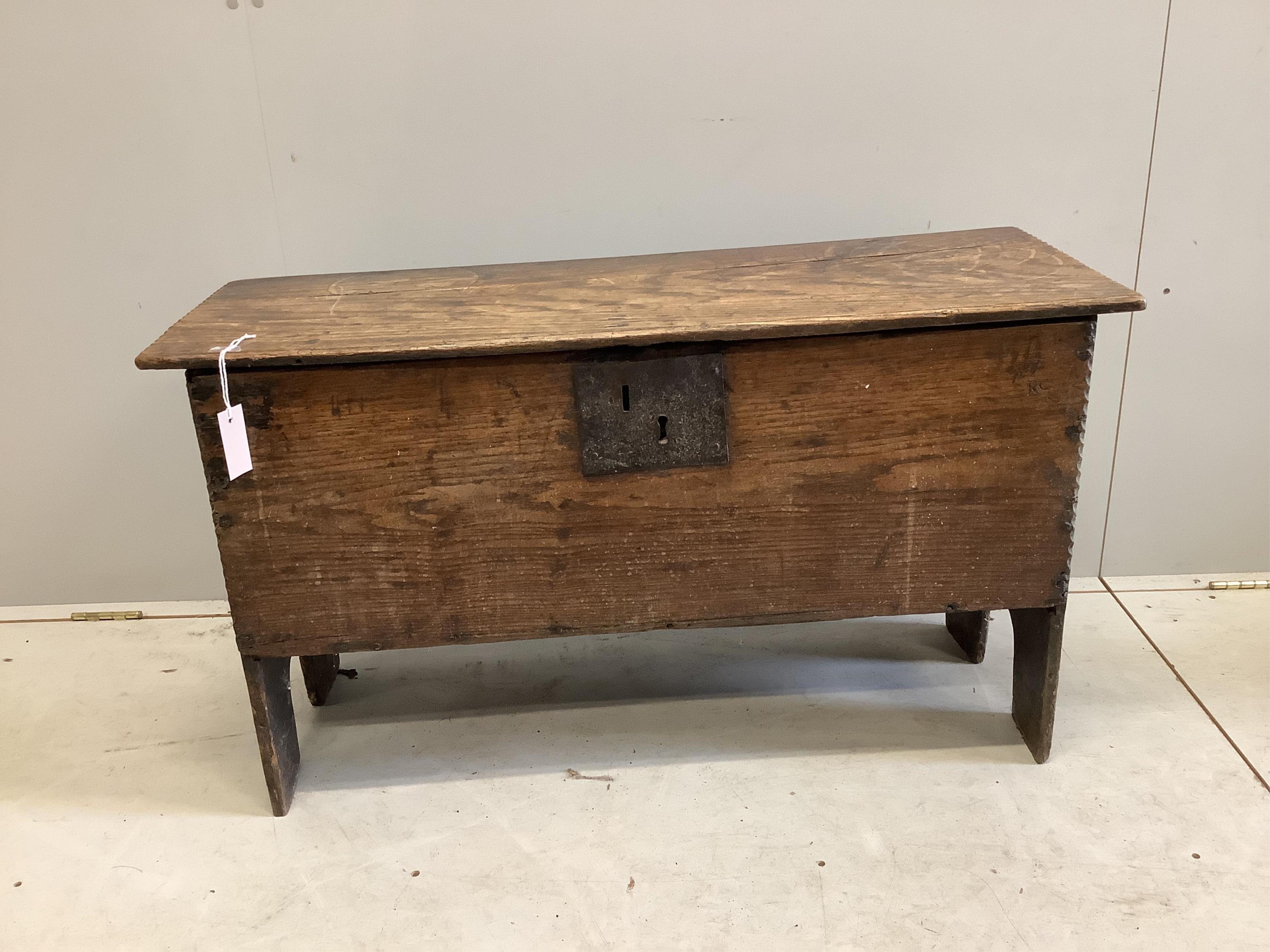 An oak six plank coffer, width 101cm, depth 38cm, height 56cm. Condition - poor to fair